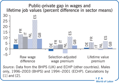 工资和终身工作价值的公私差距（部门平均值的百分比差异）