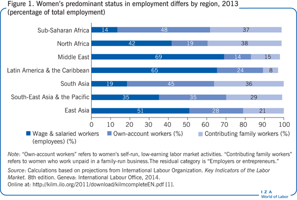 2013年不同地区女性在就业中的主导地位不同(占总就业的百分比)