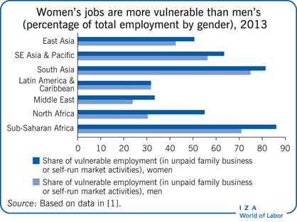 女性的工作比男性更脆弱(按性别分列的总就业比例)，2013年