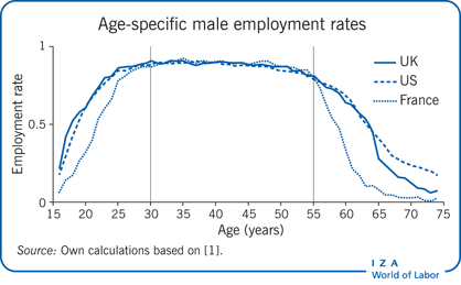 按年龄分列的男性就业率