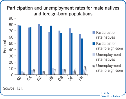 本地男性和外国出生人口的参与率和失业率