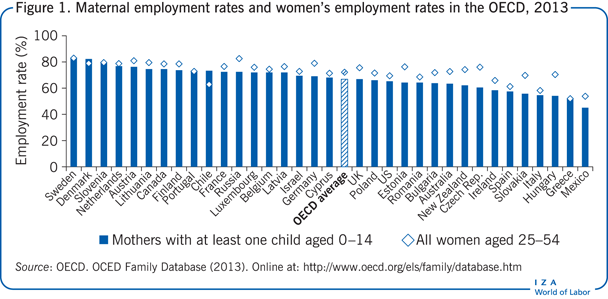 经合组织孕产妇就业率和妇女就业率，2013年
