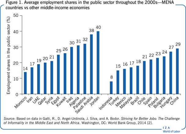 与其他中等收入经济体相比，2000年代中东和北非国家公共部门的平均就业份额